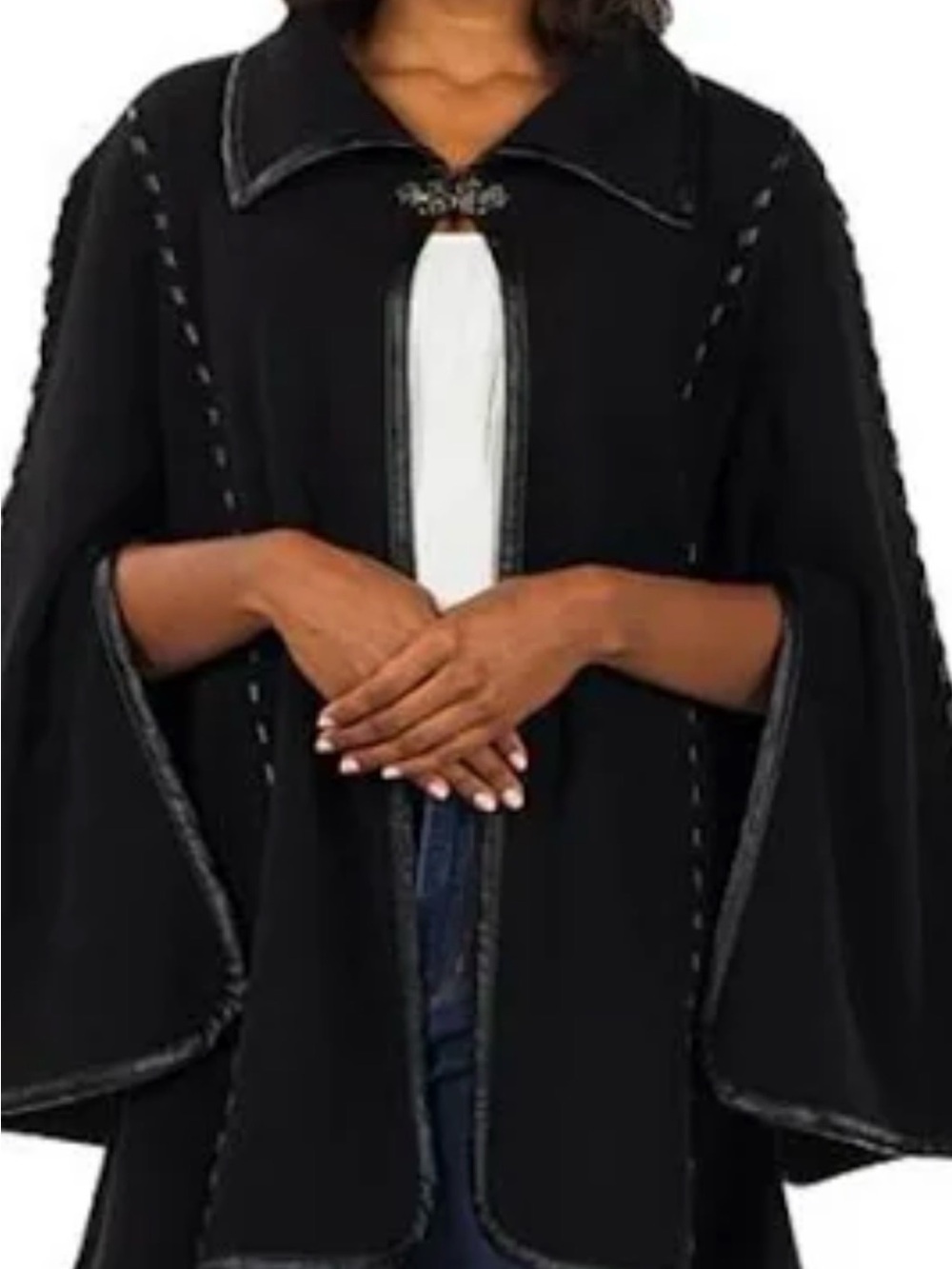 Patricia Nash Black Open-Front Cape with Decorative Trim
